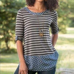Matilda Jane Size M Top Blue Gray Stripe Polka Dot Let's Get Lost Peplum.
